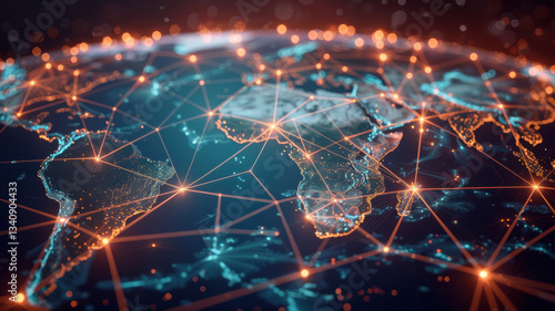 A digital representation of Earth, showcasing interconnected networks with glowing lines and nodes against a dark background.