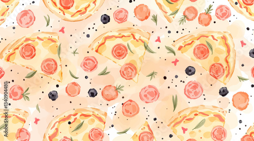 Seamless watercolor pattern featuring isolated pizza slices on a clean white background ideal for fast food and Italian cuisine designs