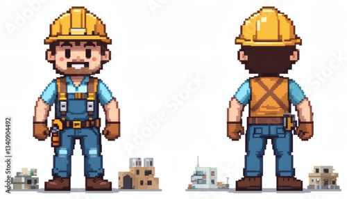 8-bit pixel art construction worker with hard hat and tools, front and back views, isolated on white background.