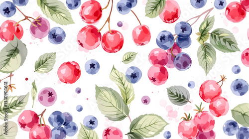 Seamless pattern of red, blue and purple berries on white background, vector