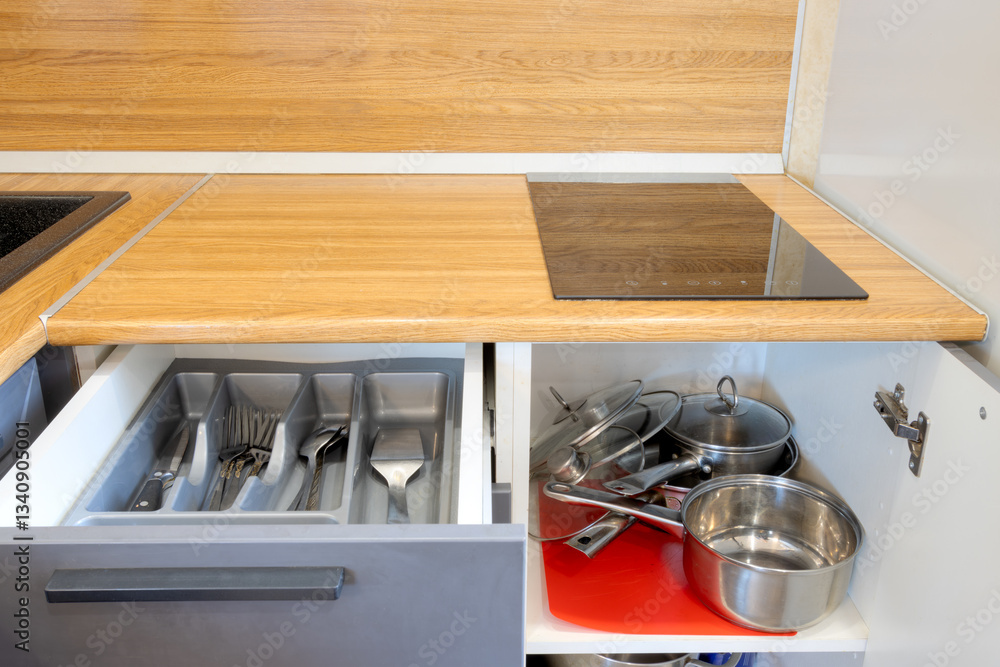 An open kitchen cabinet. The drawer for cutlery contains forks and spoons. There are pots on the shelves. An electric kitchen stove (cooking hob) built into the countertop. Kitchen furniture.