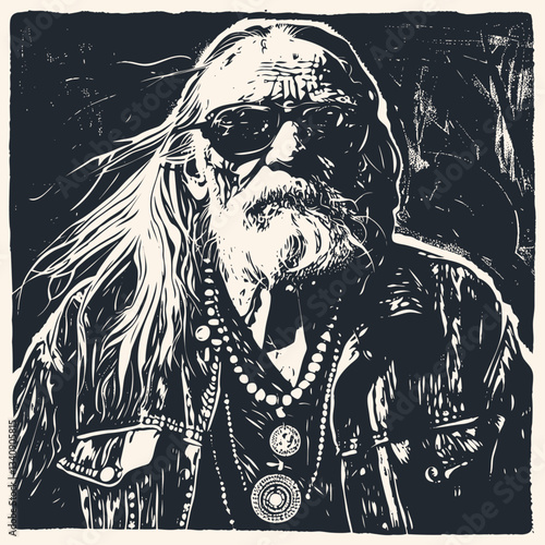 Vector illustration of an elderly biker with long white hair, beard, sunglasses, and denim jacket. Detailed woodcut-style portrait showing necklaces and weathered features in stark contrast.