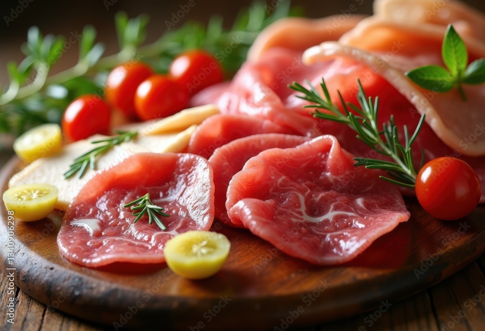 close various fresh meats arranged artistically stylish wooden platter garnishes textures celebrating culinary diversity, appetizer, artisan, bacon, beef close various fresh meats arranged artistically stylish wooden platter garnishes textures celebrating culinary diversity, appetizer, artisan, bacon, beef