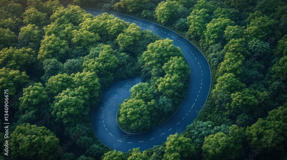 Aerial view of electric vehicle driving on winding asphalt road through lush green forest landscape Aerial view of electric vehicle driving on winding asphalt road through lush green forest landscape