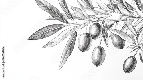 A highly detailed black and white retro-sketch illustration of an olive branch with ripe olives and elongated leaves, drawn with fine ink lines.