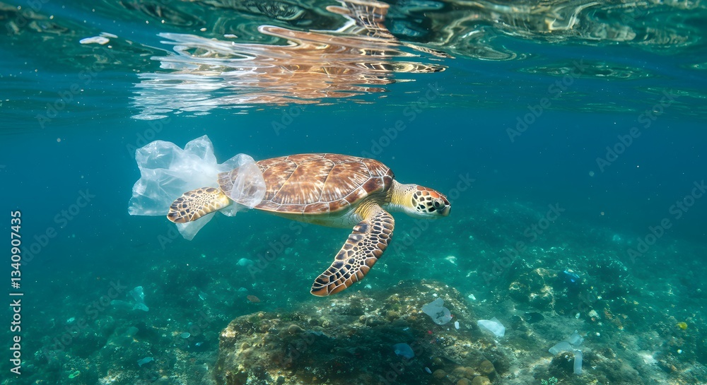 Obraz premium Sea Turtle Entangled in Plastic: A Plea for Ocean Conservation