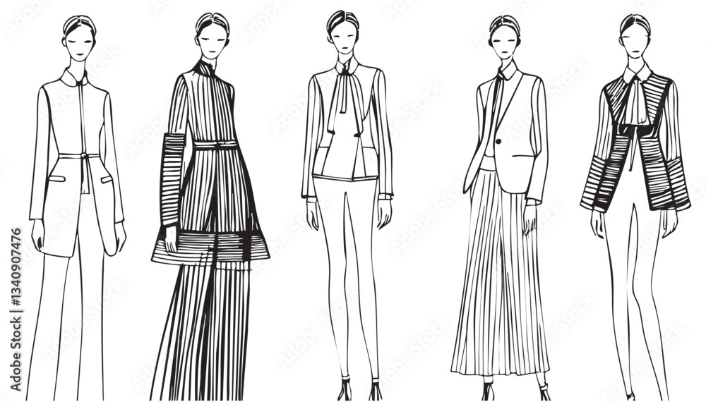 Sketch. Fashion Girls in clothes with a pattern stripes, ornament. Summer models silhouette Sketch. Fashion Girls in clothes with a pattern stripes, ornament. Summer models silhouette