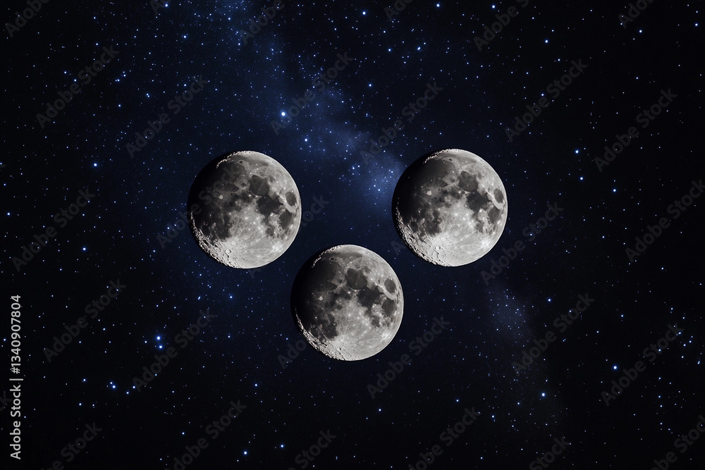 Obraz premium Three full moons shining brightly in a starry night sky
