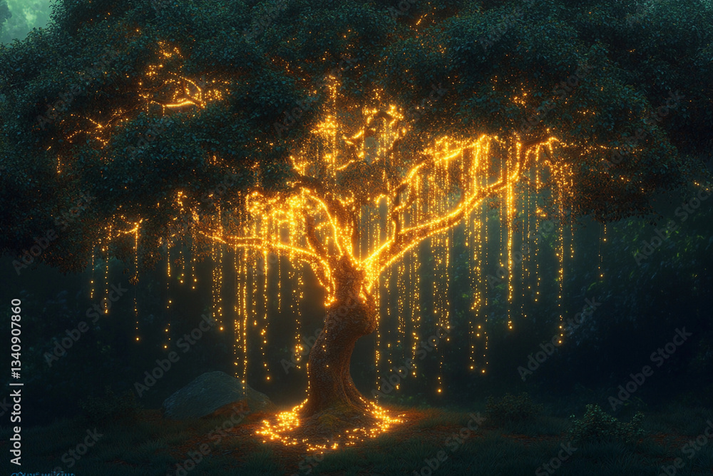 Fototapeta premium Magical glowing tree with hanging lights in a serene nighttime landscape