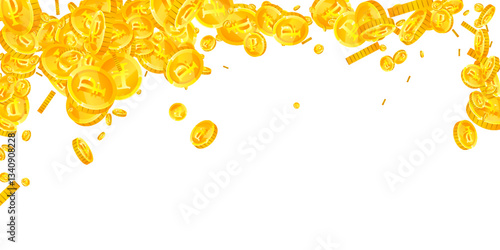 Russian ruble coins falling. Scattered gold RUB coins. Russia money. Jackpot wealth or success concept. Wide vector illustration.