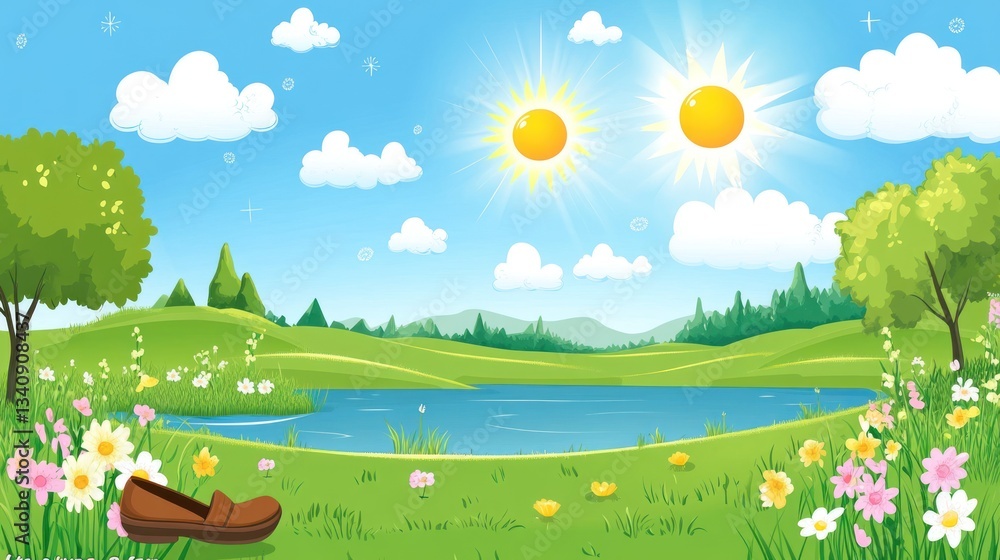 Fototapeta premium Sunny park scene with pond and shoe. Possible stock photo use Nature background