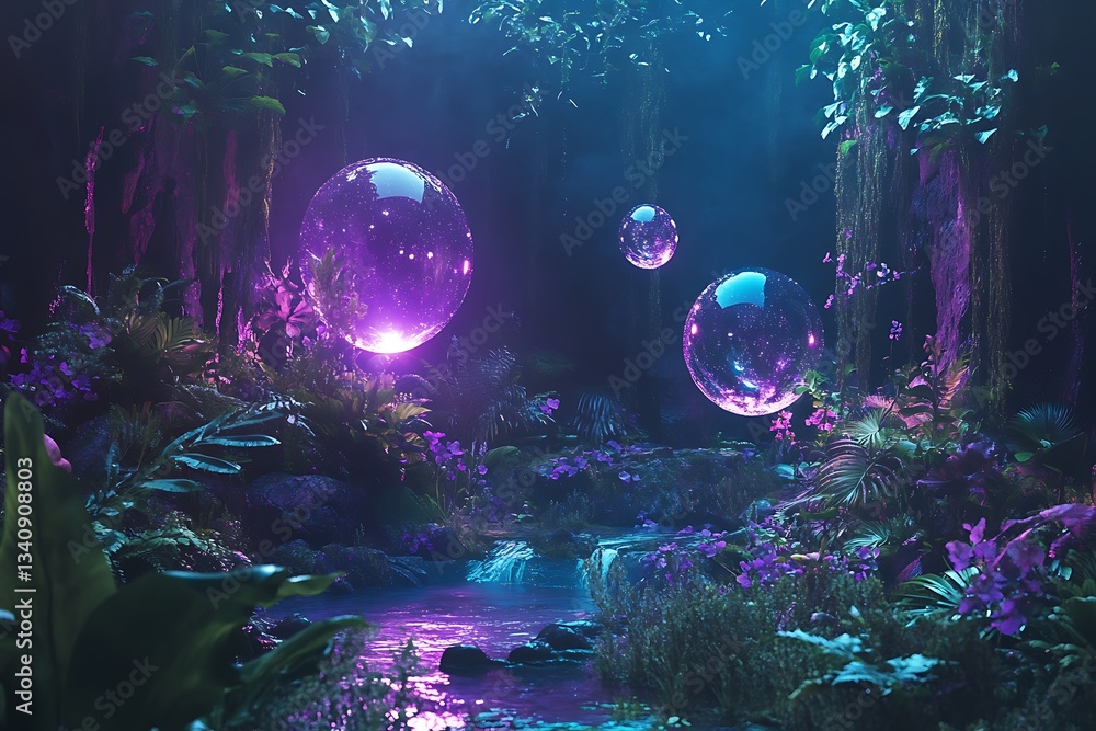 Obraz premium Mystical bioluminescent jungle with floating light orbs crystal clear reflection pool otherworldly flora in deep purples and teals
