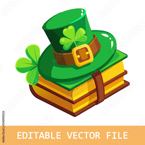 A St. Patrick's Day image featuring a green leprechaun hat, a pipe, and a book, surrounded by shamrocks on a light background