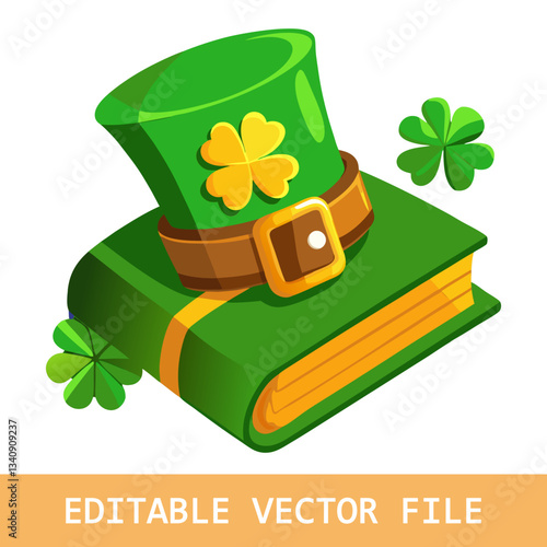 A St. Patrick's Day image featuring a green leprechaun hat, a pipe, and a book, surrounded by shamrocks on a light 