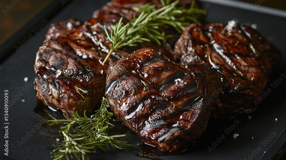 Grilled steak fillets garnished with rosemary on a black plate. Grilled steak fillets garnished with rosemary on a black plate.
