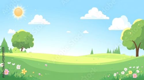 Springtime meadow landscape, sunny day, peaceful scene, perfect for children's book illustration