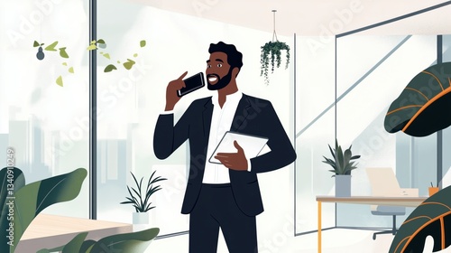 Modern Office Illustration with Businessman on Phone Amidst Lush Indoor Plants