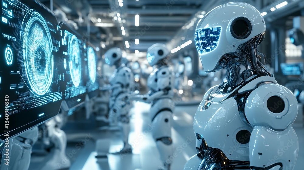 Fototapeta premium Futuristic robots are working in a factory with technological interfaces
