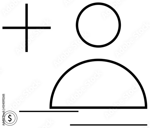 Abstract user avatar with plus sign and optional currency coin outline for registration or profile creation. Ideal for finance, account setup, networking, inclusion, community, growth, flat simple