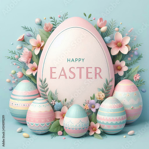 The egg-shaped frame is decorated with spring pastel flowers, leaves and branches. Inside the frame is the text 