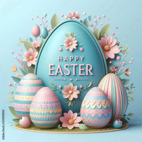 The egg-shaped frame is decorated with spring pastel flowers, leaves and branches. Inside the frame is the text 