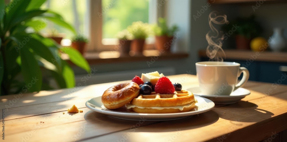 Delightful morning breakfast featuring a waffle and a bagel topped with fresh berries and butter, accompanied by a steaming cup of coffee on a sunlit wooden table Delightful morning breakfast featuring a waffle and a bagel topped with fresh berries and butter, accompanied by a steaming cup of coffee on a sunlit wooden table