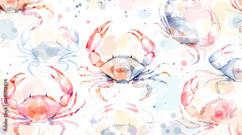 Watercolor Seamless pattern crab white background