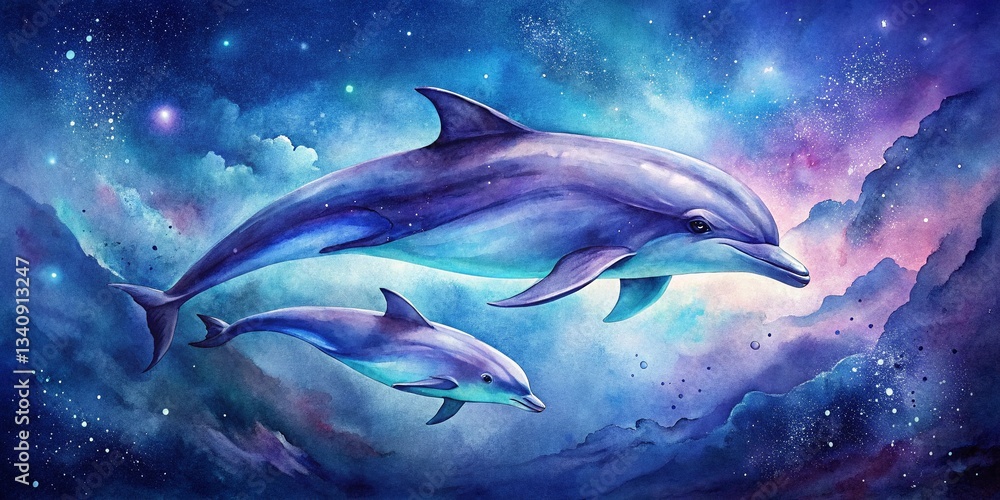 Fototapeta premium Watercolor Dolphin Painting, Night Ocean Scene, Mother & Baby Dolphins, Blue Purple Hues