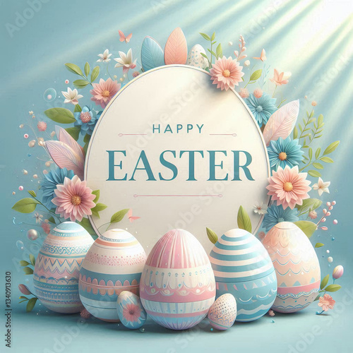 sun rays falling to pastel-colored Easter-themed egg-shape frame with text inside. frame is adorned with spring pastel flowers, leaves, and branches. Inside frame is text “HAPPY EASTER” 