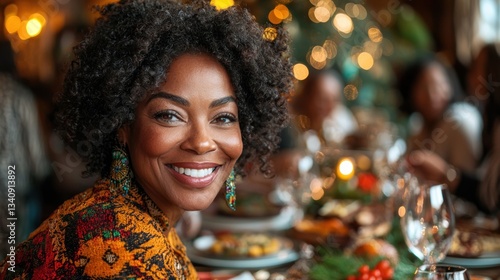Happy Black woman smiles at a festive holiday dinner party with family and friends.