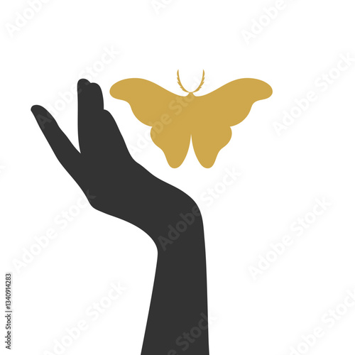 Silhouettes of human hand and monarch butterfly. Minimalist art background. Vector illustration