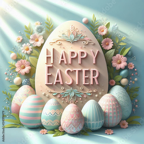 sun rays falling to pastel-colored Easter-themed egg-shape frame with text inside. frame is adorned with spring pastel flowers, leaves, and branches. Inside frame is text “HAPPY EASTER” 