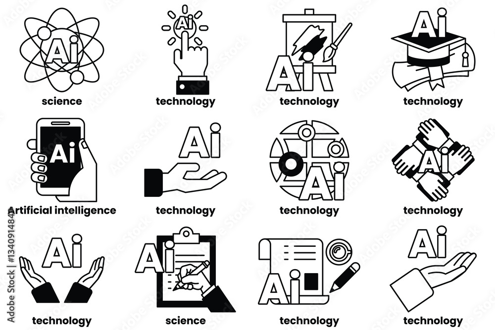 Set of illustrations in the concept of Artificial Intelligence and things in line art style Set of illustrations in the concept of Artificial Intelligence and things in line art style