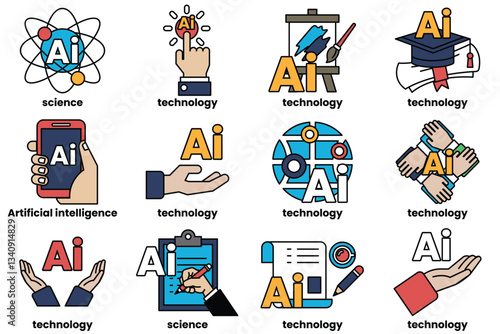Set of illustrations in the concept of Artificial Intelligence and things in line art style