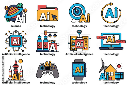 Set of illustrations in the concept of Artificial Intelligence and things in line art style