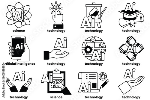 Set of illustrations in the concept of Artificial Intelligence and things in line art style