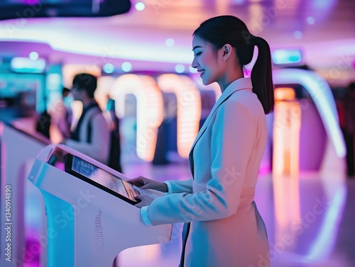 Modern flight attendants in sleek uniforms assisting passengers with digital check-in kiosks at a futuristic airport terminal, illuminated by vibrant lighting.