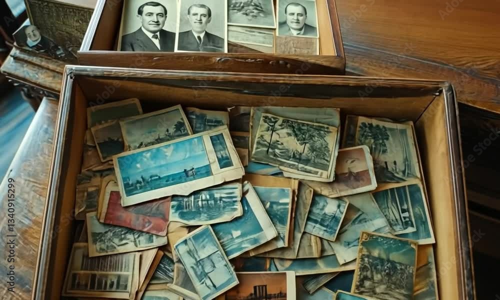 A wooden drawer overflowing with antique postcards displaying various landscape and architectural scenes. A wooden drawer overflowing with antique postcards displaying various landscape and architectural scenes.