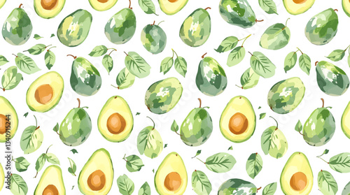 Avocado water color on white background seamless pattern, vector