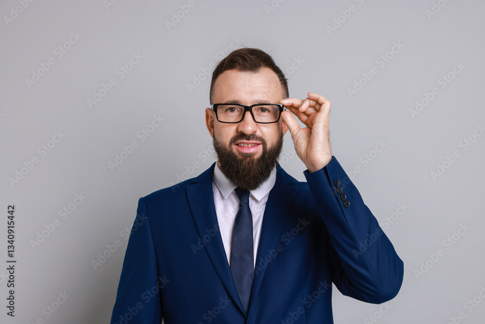 Handsome bearded man in suit on grey background Handsome bearded man in suit on grey background