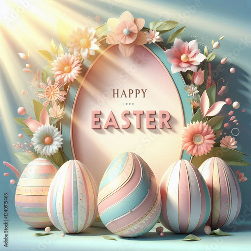 sun rays falling to pastel-colored Easter-themed egg-shape frame with text inside. frame is adorned with spring pastel flowers, leaves, and branches. Inside frame is text “HAPPY EASTER” 