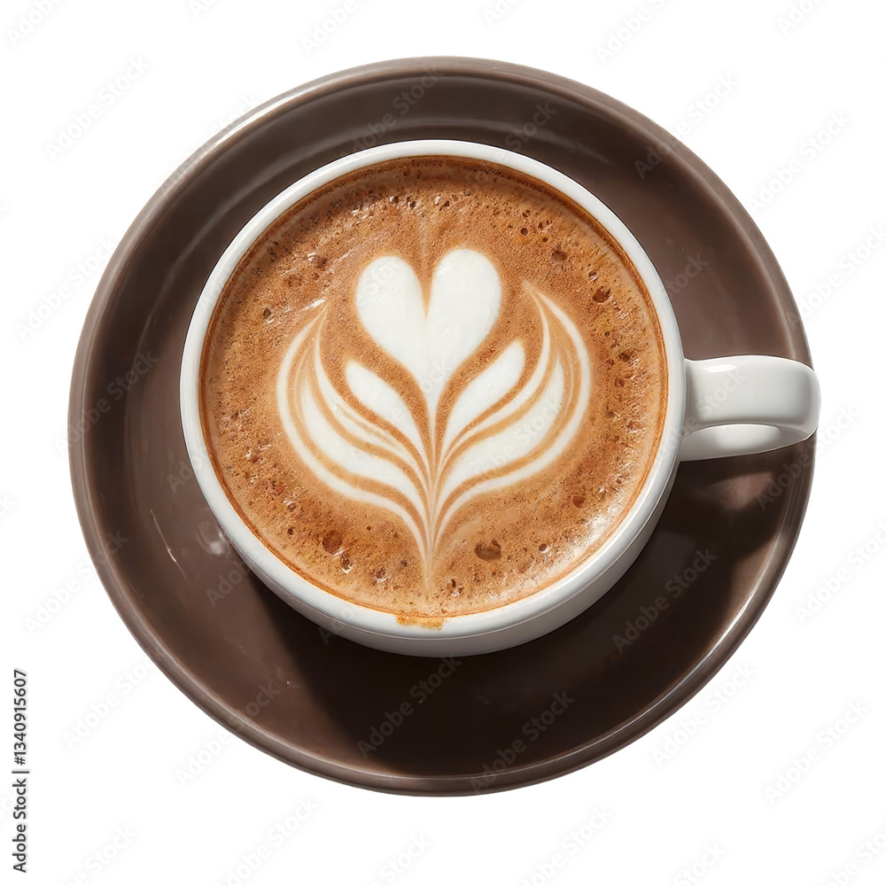 Obraz premium Coffee Latte Art in White Mug on Brown Plate, transparent background