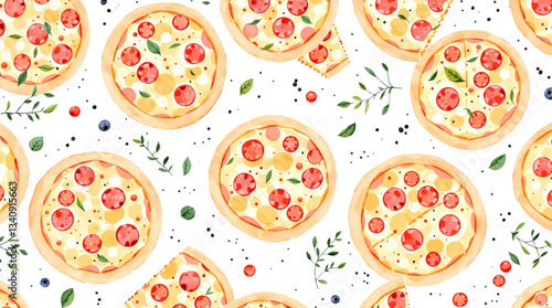 Seamless watercolor pattern featuring isolated pizza slices on a clean white background ideal for fast food and Italian cuisine designs