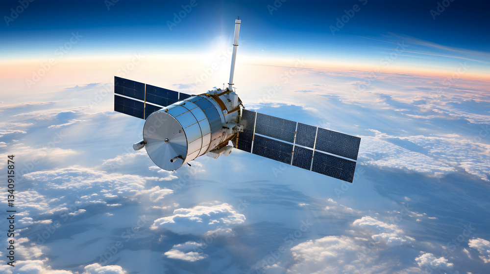 Obraz premium High-resolution view of a satellite orbiting above the clouds offering insights into space exploration and earth monitoring technology.