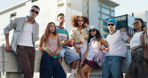 Urban, cool or friends in city with fashion in summer for streetwear, edgy or trendy style together. Diversity, gen z men and group of creative women in town for youth culture, unique clothes or swag