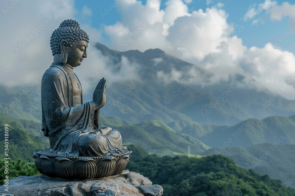 Fototapeta premium Ancient statue great Buddha on bright holiday composition, abstract vivid composition consists of fictional unreal fantastic vision on background
