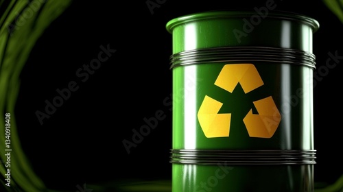 Environmentally Conscious Recycle Drum in a Dark Setting with Green Swirl Background Design