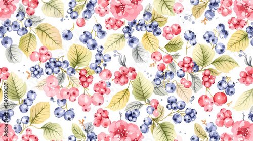 Seamless pattern of red, blue and purple berries on white background, vector