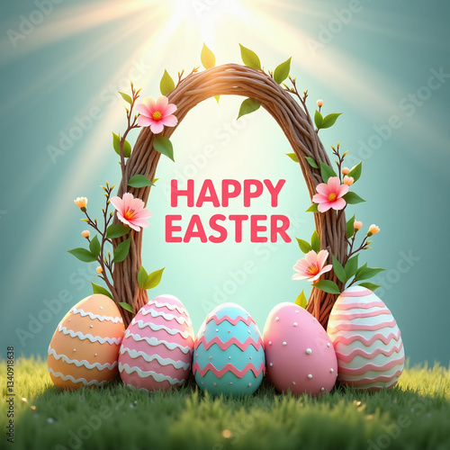 sun rays falling to pastel-colored Easter-themed egg-shape frame with text inside. frame is adorned with spring pastel flowers, leaves, and branches. Inside frame is text “HAPPY EASTER” 
