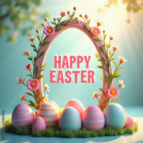 sun rays falling to pastel-colored Easter-themed egg-shape frame with text inside. frame is adorned with spring pastel flowers, leaves, and branches. Inside frame is text “HAPPY EASTER” 